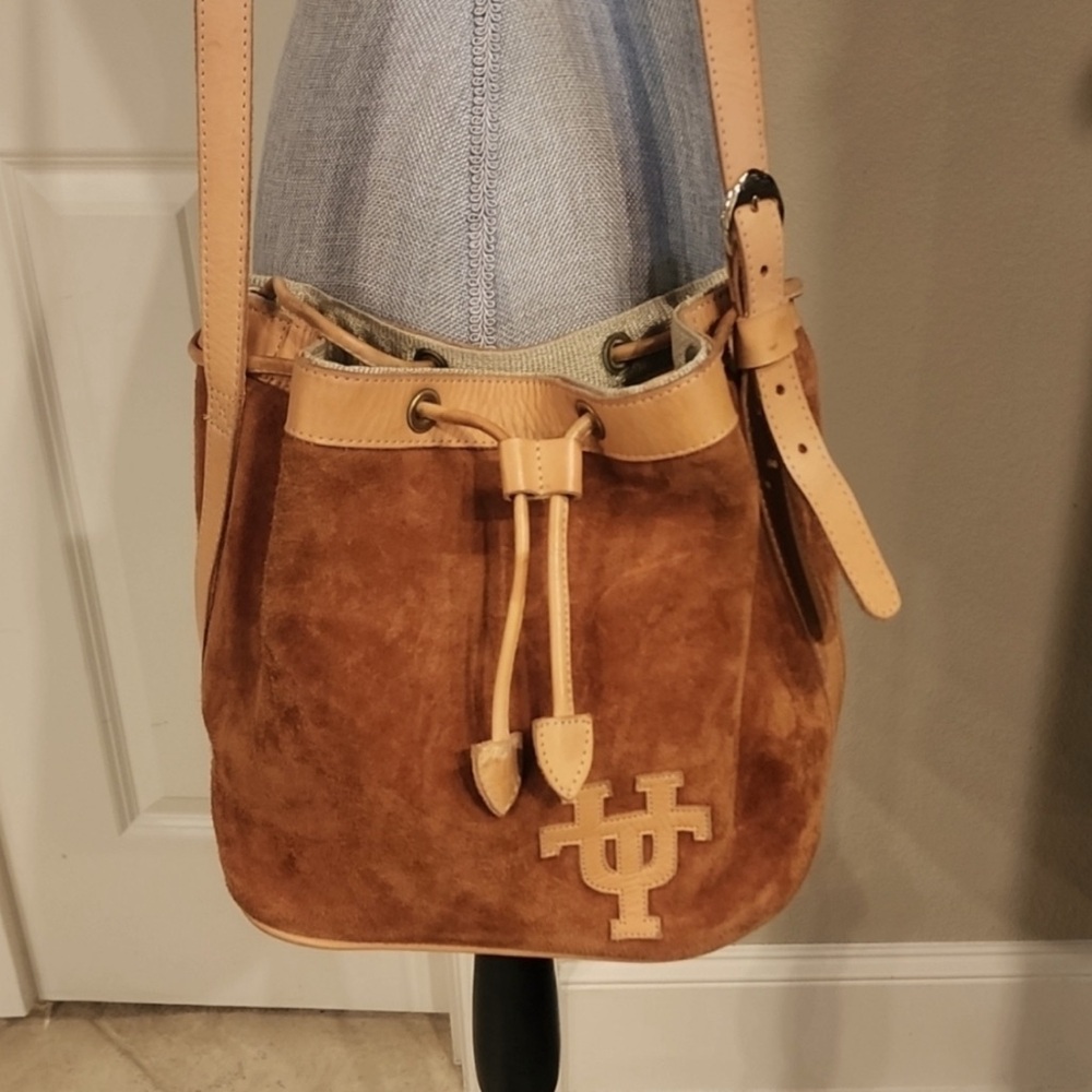 Suede University of Texas bucket bag